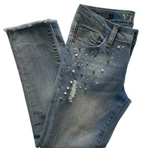 Girl's Size 10 Skinny Jeans Faux Pearls & Diamonds Pre-ripped Blue. Vigoss